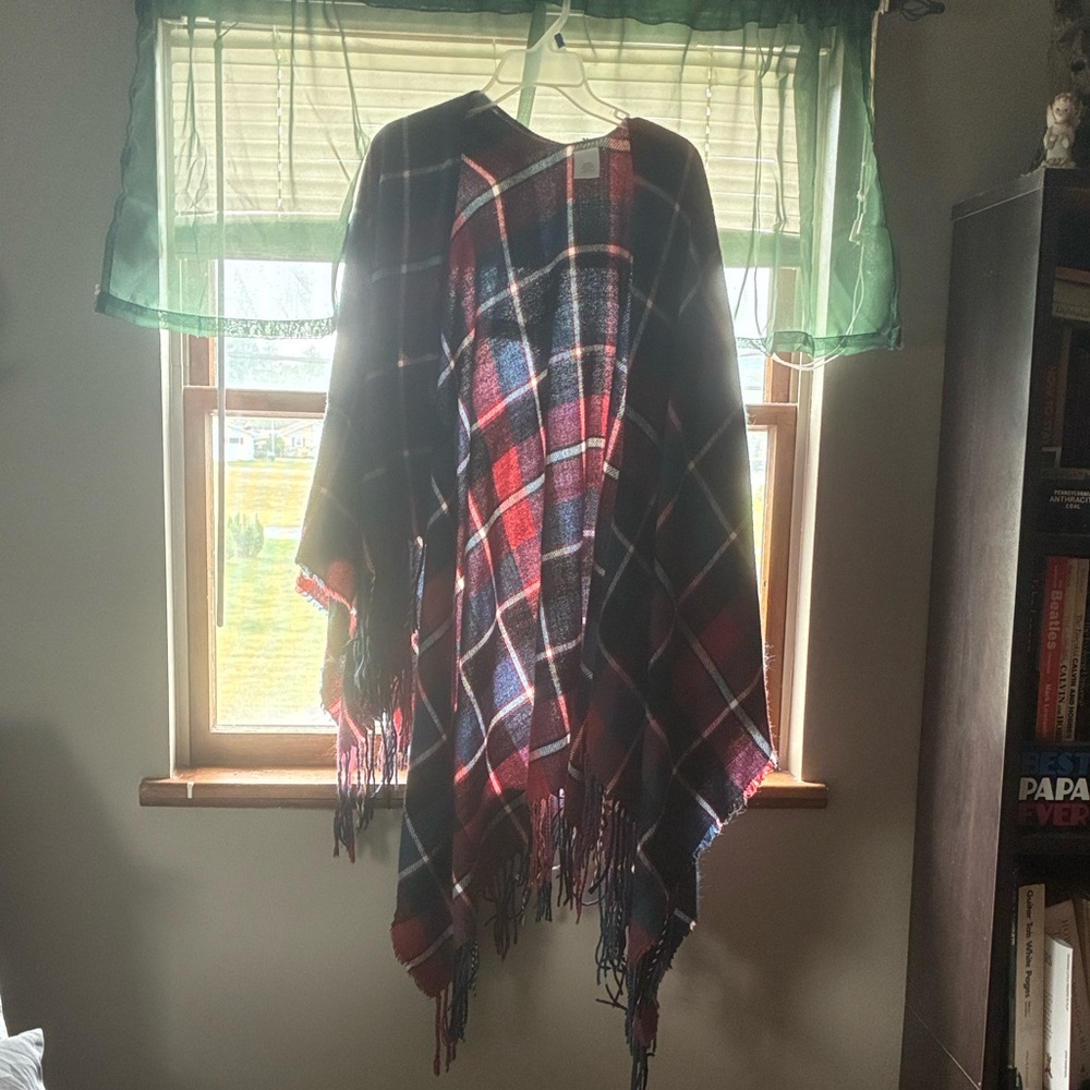 Blue Red White and Black Plaid Fringe Poncho
